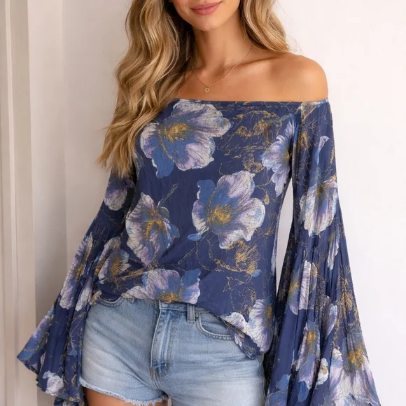 We The Free Free People Floral Off-Shoulder Bell Sleeve Top Whimsical Fairy Y2k - Picture 1 of 8